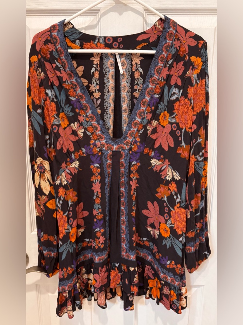 Free People Black Floral V-Neck Tunic with Orange and Rust Accents